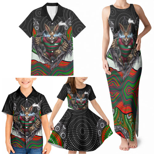 South Sydney Rabbitohs Family Matching Tank Maxi Dress and Hawaiian Shirt The Scream of Lightning Eyes - Indigenous Dot Ripping Effect
