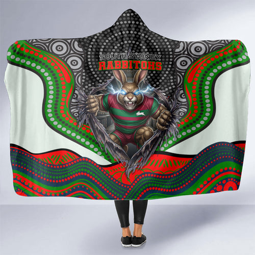 South Sydney Rabbitohs Hooded Blanket The Scream of Lightning Eyes - Indigenous Dot Ripping Effect