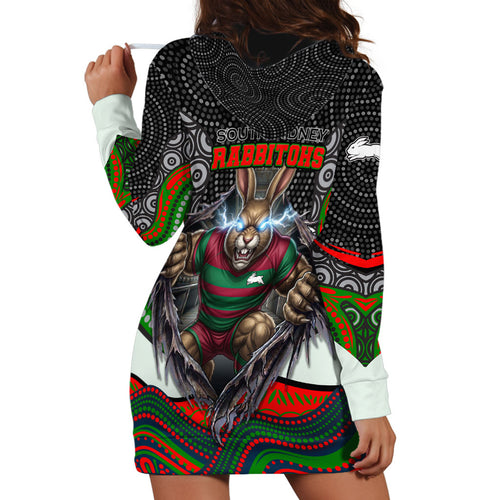 South Sydney Rabbitohs Hoodie Dress The Scream of Lightning Eyes - Indigenous Dot Ripping Effect