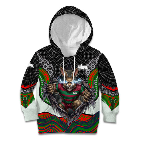 South Sydney Rabbitohs Kid Hoodie The Scream of Lightning Eyes - Indigenous Dot Ripping Effect
