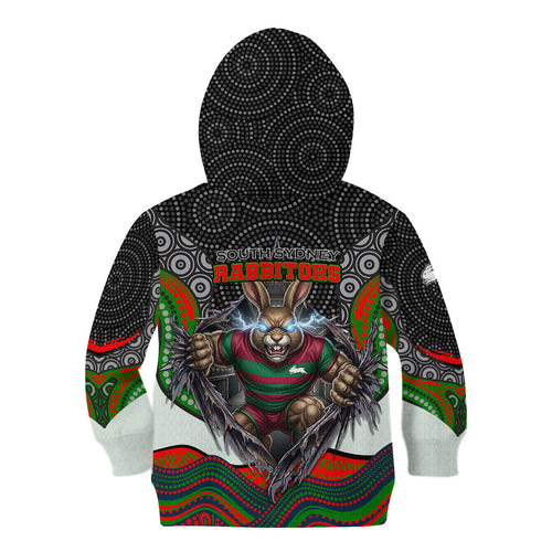 South Sydney Rabbitohs Kid Hoodie The Scream of Lightning Eyes - Indigenous Dot Ripping Effect