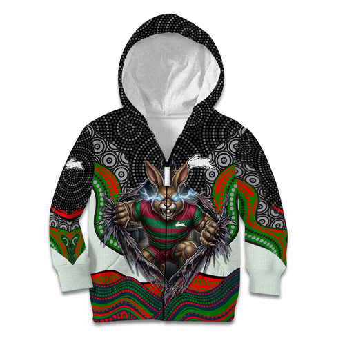 South Sydney Rabbitohs Kid Hoodie The Scream of Lightning Eyes - Indigenous Dot Ripping Effect