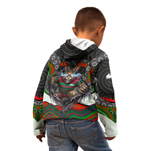 South Sydney Rabbitohs Kid Hoodie The Scream of Lightning Eyes - Indigenous Dot Ripping Effect