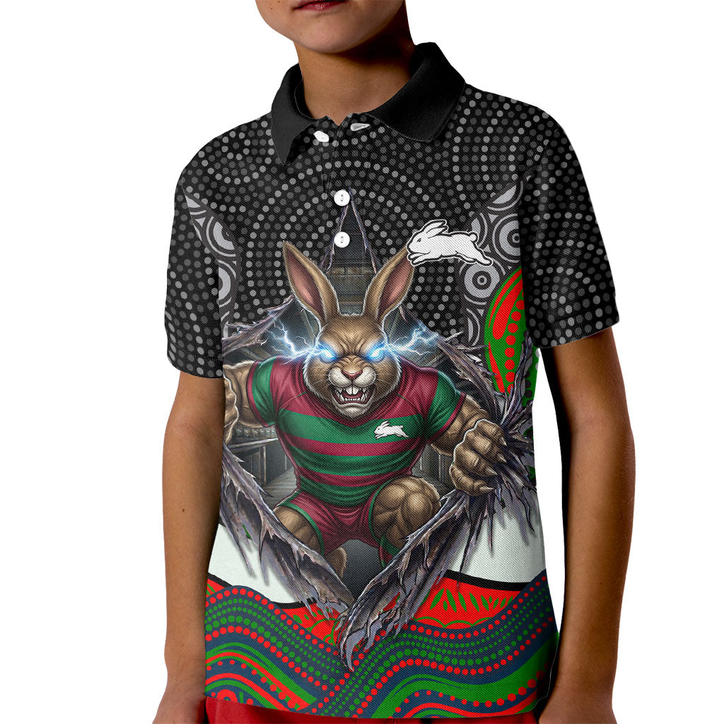 South Sydney Rabbitohs Kid Polo Shirt The Scream of Lightning Eyes - Indigenous Dot Ripping Effect