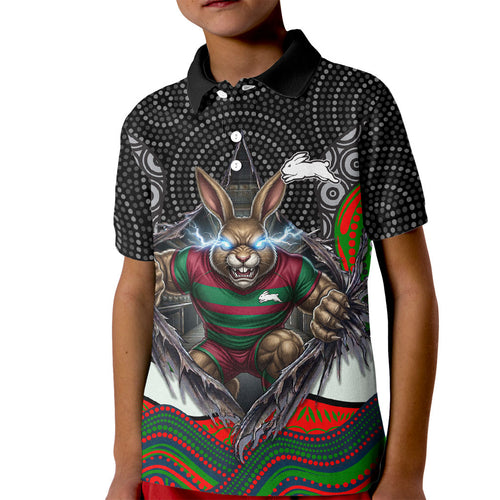 South Sydney Rabbitohs Kid Polo Shirt The Scream of Lightning Eyes - Indigenous Dot Ripping Effect