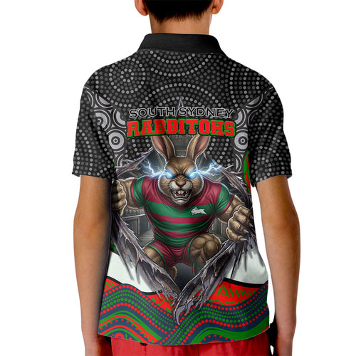 South Sydney Rabbitohs Kid Polo Shirt The Scream of Lightning Eyes - Indigenous Dot Ripping Effect