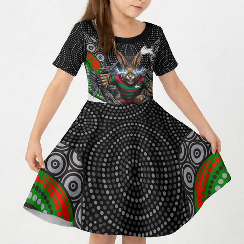 South Sydney Rabbitohs Kid Short Sleeve Dress The Scream of Lightning Eyes - Indigenous Dot Ripping Effect
