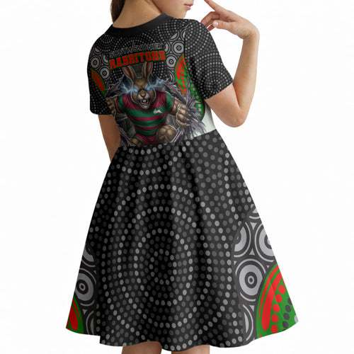South Sydney Rabbitohs Kid Short Sleeve Dress The Scream of Lightning Eyes - Indigenous Dot Ripping Effect