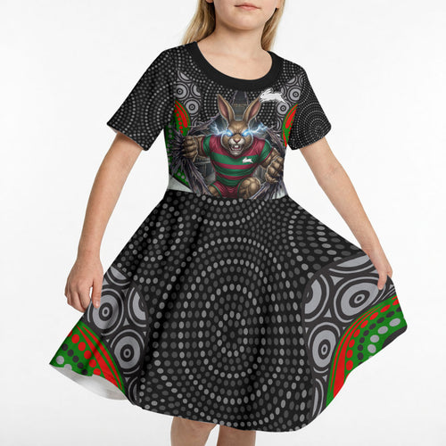 South Sydney Rabbitohs Kid Short Sleeve Dress The Scream of Lightning Eyes - Indigenous Dot Ripping Effect