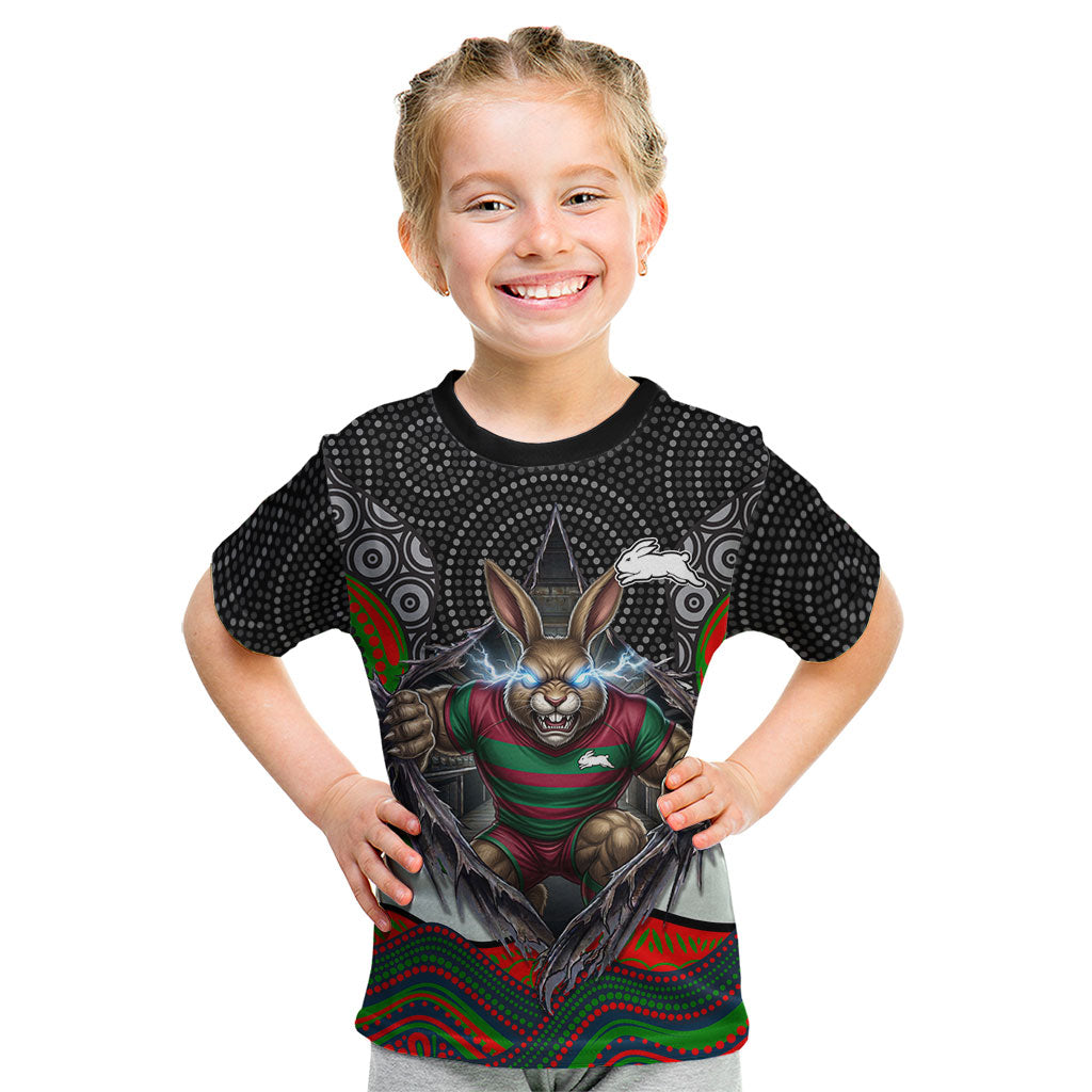 South Sydney Rabbitohs Kid T Shirt The Scream of Lightning Eyes - Indigenous Dot Ripping Effect