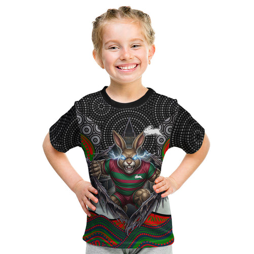 South Sydney Rabbitohs Kid T Shirt The Scream of Lightning Eyes - Indigenous Dot Ripping Effect