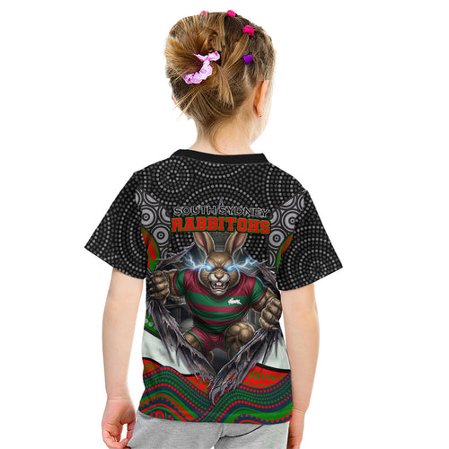 South Sydney Rabbitohs Kid T Shirt The Scream of Lightning Eyes - Indigenous Dot Ripping Effect