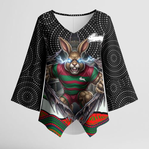 South Sydney Rabbitohs Kimono Sleeve Blouse The Scream of Lightning Eyes - Indigenous Dot Ripping Effect