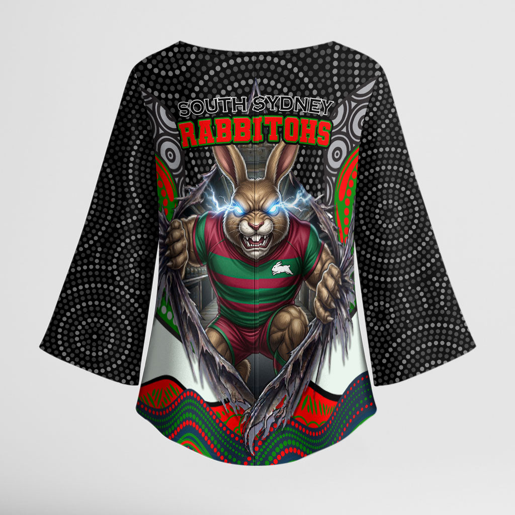 South Sydney Rabbitohs Kimono Sleeve Blouse The Scream of Lightning Eyes - Indigenous Dot Ripping Effect