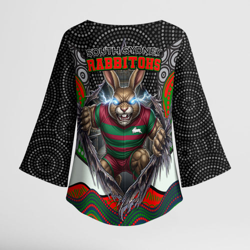 South Sydney Rabbitohs Kimono Sleeve Blouse The Scream of Lightning Eyes - Indigenous Dot Ripping Effect