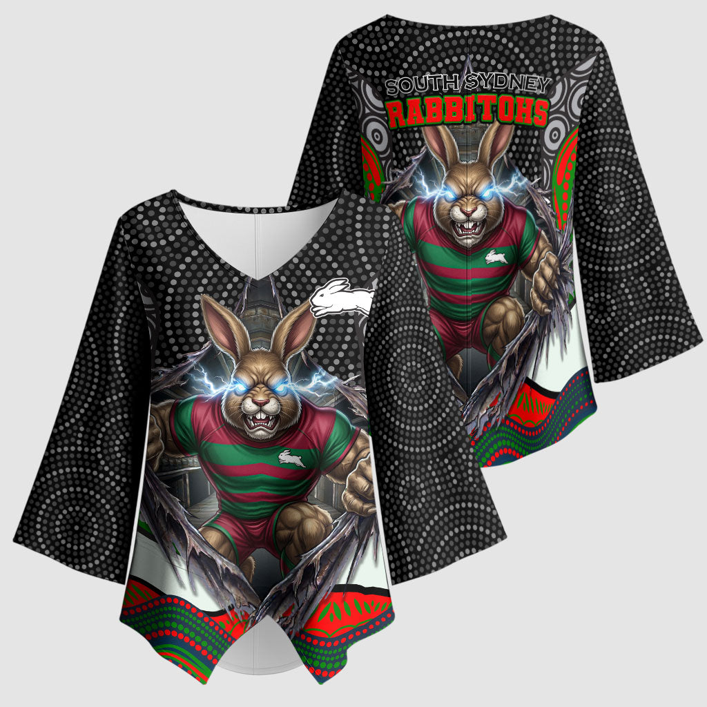 South Sydney Rabbitohs Kimono Sleeve Blouse The Scream of Lightning Eyes - Indigenous Dot Ripping Effect