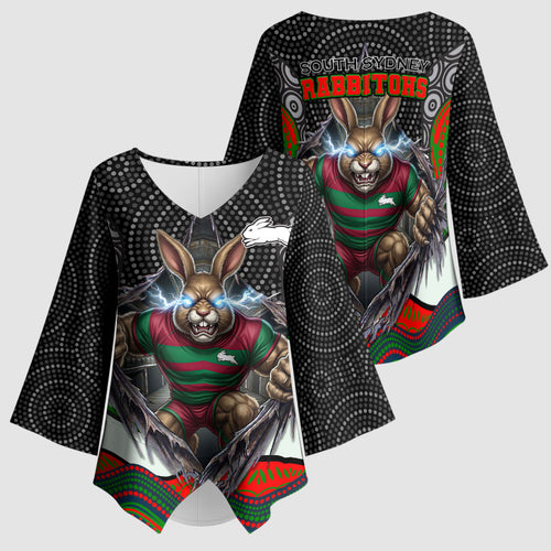 South Sydney Rabbitohs Kimono Sleeve Blouse The Scream of Lightning Eyes - Indigenous Dot Ripping Effect