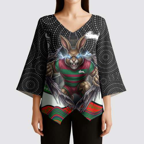 South Sydney Rabbitohs Kimono Sleeve Blouse The Scream of Lightning Eyes - Indigenous Dot Ripping Effect