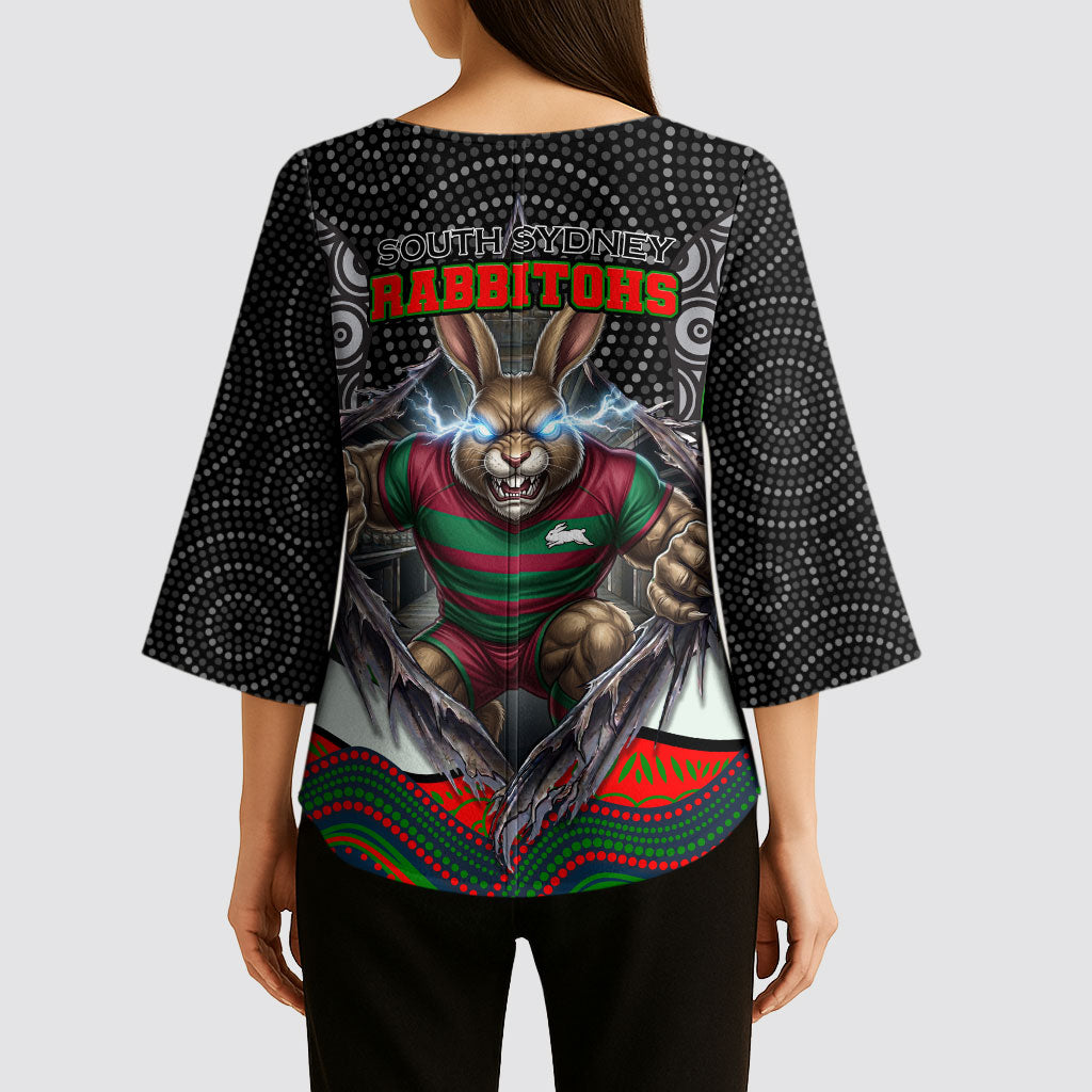 South Sydney Rabbitohs Kimono Sleeve Blouse The Scream of Lightning Eyes - Indigenous Dot Ripping Effect