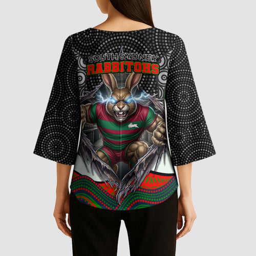 South Sydney Rabbitohs Kimono Sleeve Blouse The Scream of Lightning Eyes - Indigenous Dot Ripping Effect