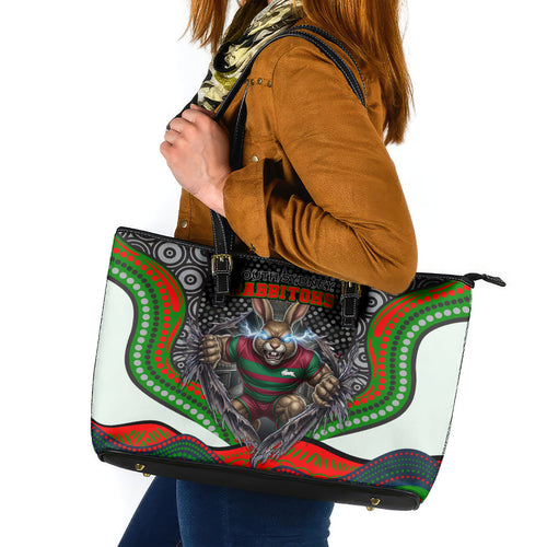 South Sydney Rabbitohs Leather Tote Bag The Scream of Lightning Eyes - Indigenous Dot Ripping Effect