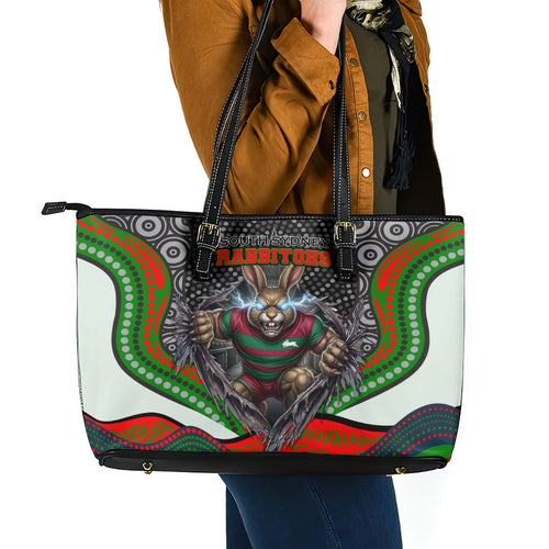 South Sydney Rabbitohs Leather Tote Bag The Scream of Lightning Eyes - Indigenous Dot Ripping Effect