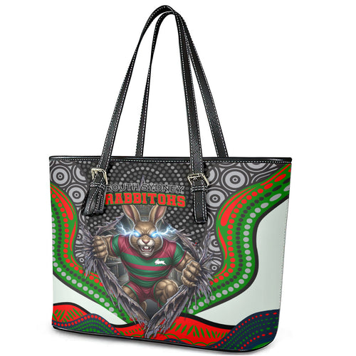 South Sydney Rabbitohs Leather Tote Bag The Scream of Lightning Eyes - Indigenous Dot Ripping Effect