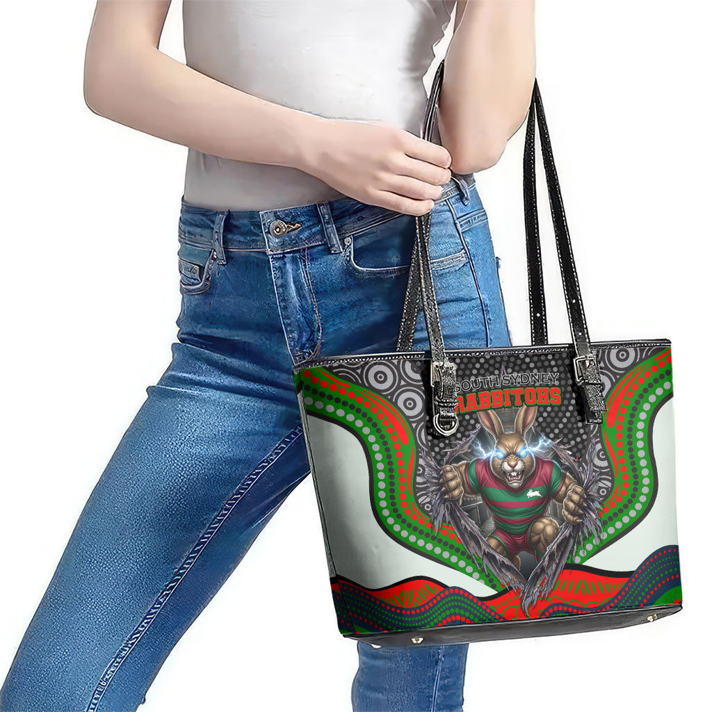 South Sydney Rabbitohs Leather Tote Bag The Scream of Lightning Eyes - Indigenous Dot Ripping Effect