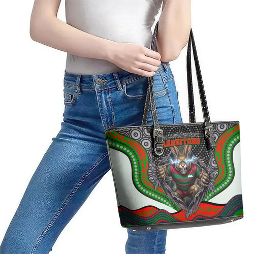 South Sydney Rabbitohs Leather Tote Bag The Scream of Lightning Eyes - Indigenous Dot Ripping Effect