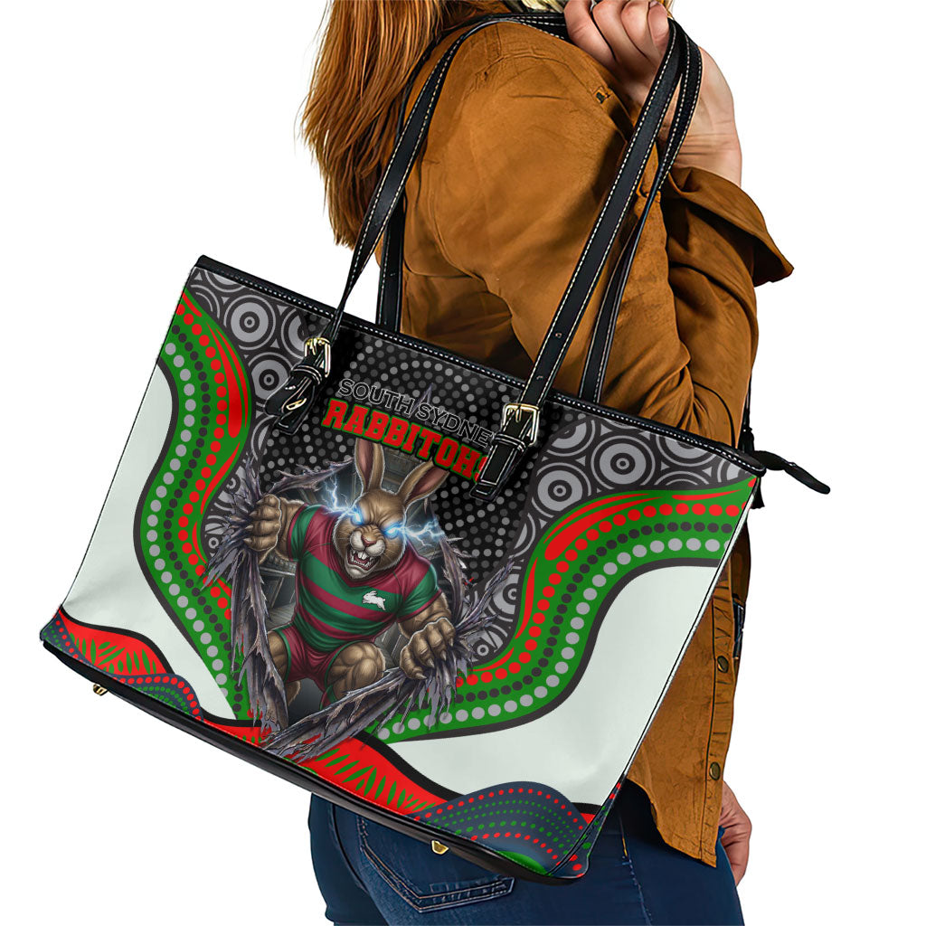 South Sydney Rabbitohs Leather Tote Bag The Scream of Lightning Eyes - Indigenous Dot Ripping Effect