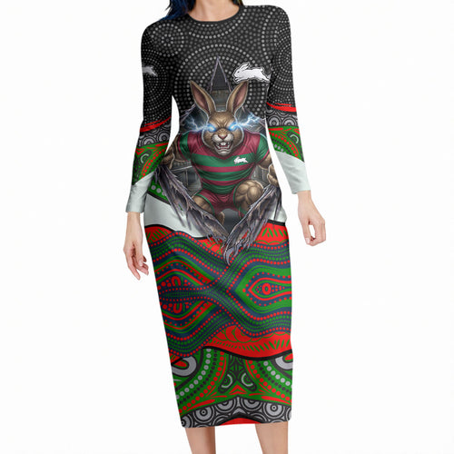 South Sydney Rabbitohs Long Sleeve Bodycon Dress The Scream of Lightning Eyes - Indigenous Dot Ripping Effect