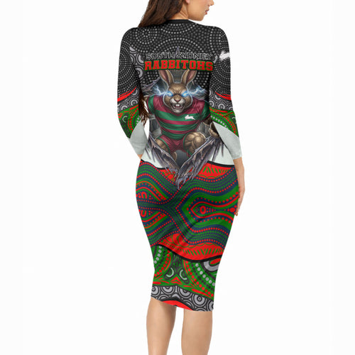 South Sydney Rabbitohs Long Sleeve Bodycon Dress The Scream of Lightning Eyes - Indigenous Dot Ripping Effect