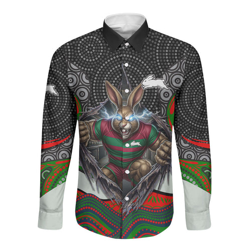 South Sydney Rabbitohs Long Sleeve Button Shirt The Scream of Lightning Eyes - Indigenous Dot Ripping Effect