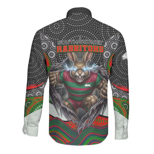 South Sydney Rabbitohs Long Sleeve Button Shirt The Scream of Lightning Eyes - Indigenous Dot Ripping Effect