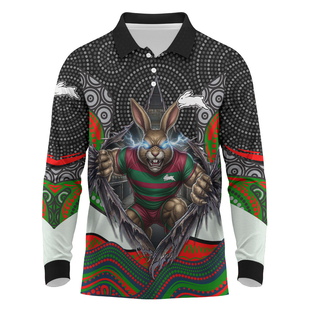 South Sydney Rabbitohs Long Sleeve Polo Shirt The Scream of Lightning Eyes - Indigenous Dot Ripping Effect