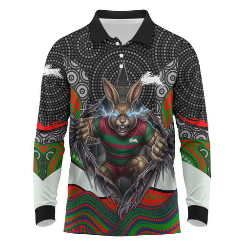 South Sydney Rabbitohs Long Sleeve Polo Shirt The Scream of Lightning Eyes - Indigenous Dot Ripping Effect