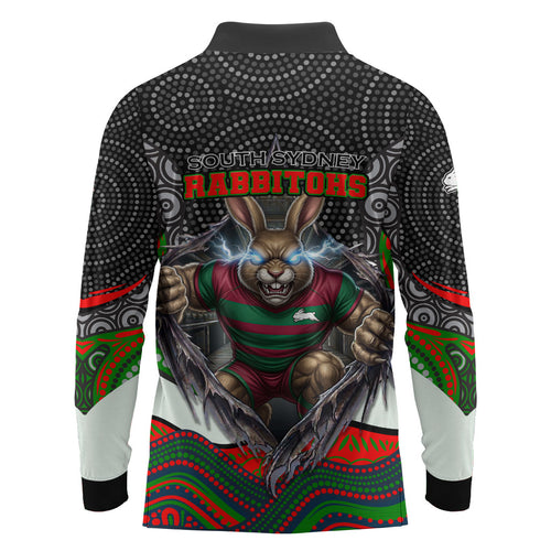 South Sydney Rabbitohs Long Sleeve Polo Shirt The Scream of Lightning Eyes - Indigenous Dot Ripping Effect