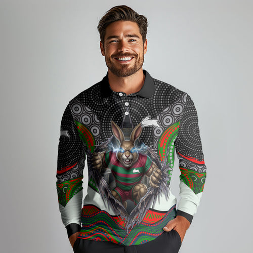 South Sydney Rabbitohs Long Sleeve Polo Shirt The Scream of Lightning Eyes - Indigenous Dot Ripping Effect