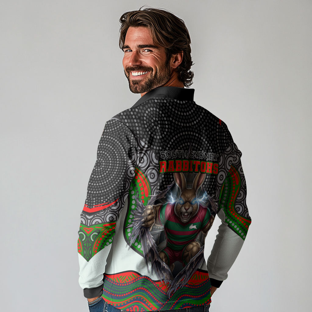 South Sydney Rabbitohs Long Sleeve Polo Shirt The Scream of Lightning Eyes - Indigenous Dot Ripping Effect