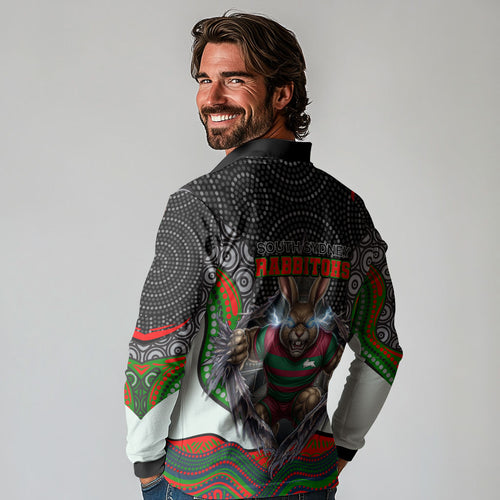 South Sydney Rabbitohs Long Sleeve Polo Shirt The Scream of Lightning Eyes - Indigenous Dot Ripping Effect