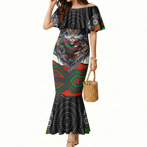 South Sydney Rabbitohs Mermaid Dress The Scream of Lightning Eyes - Indigenous Dot Ripping Effect