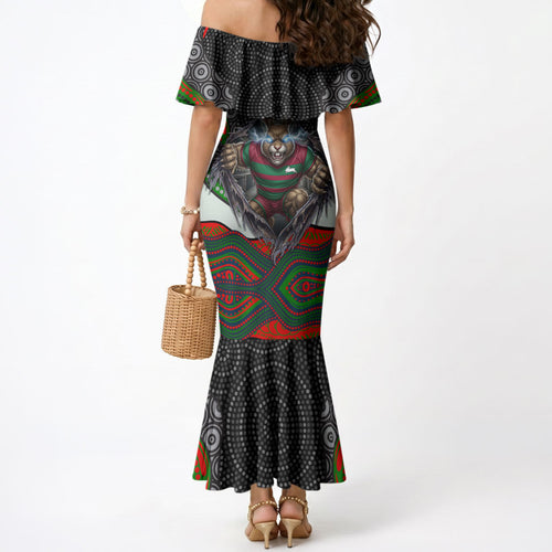 South Sydney Rabbitohs Mermaid Dress The Scream of Lightning Eyes - Indigenous Dot Ripping Effect