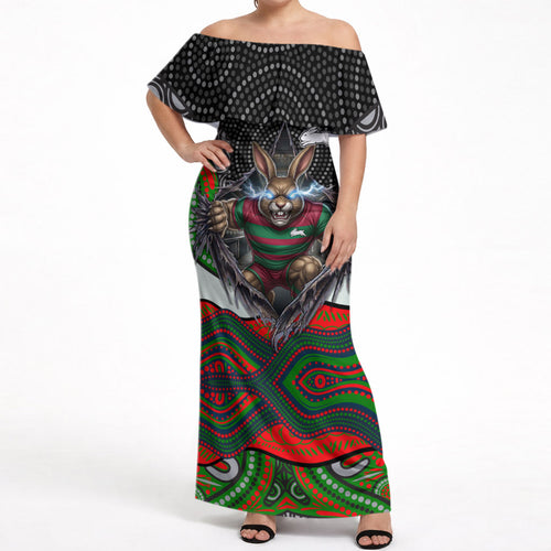 South Sydney Rabbitohs Off Shoulder Maxi Dress The Scream of Lightning Eyes - Indigenous Dot Ripping Effect