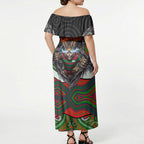 South Sydney Rabbitohs Off Shoulder Maxi Dress The Scream of Lightning Eyes - Indigenous Dot Ripping Effect