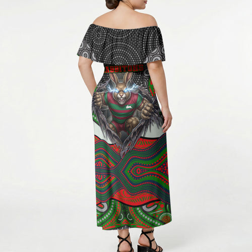 South Sydney Rabbitohs Off Shoulder Maxi Dress The Scream of Lightning Eyes - Indigenous Dot Ripping Effect