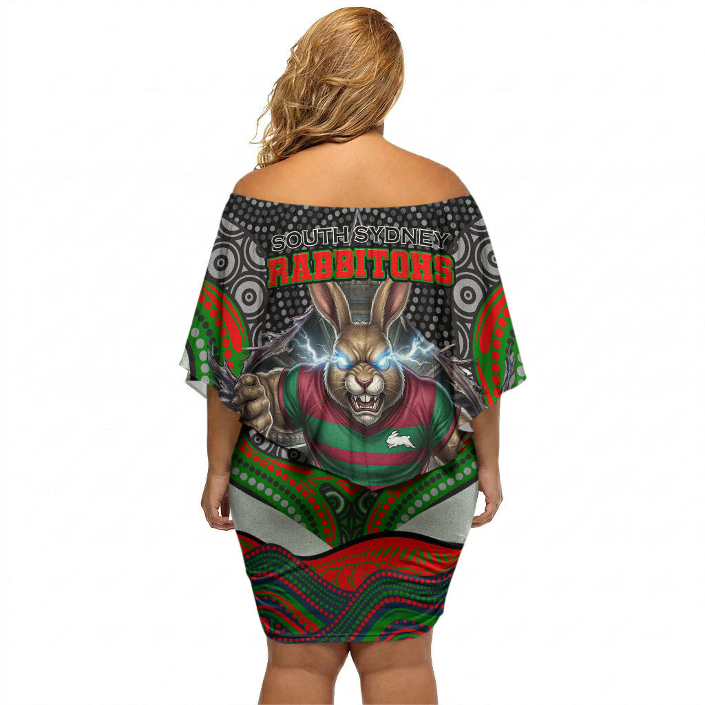 South Sydney Rabbitohs Off Shoulder Short Dress The Scream of Lightning Eyes - Indigenous Dot Ripping Effect