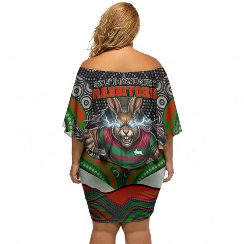 South Sydney Rabbitohs Off Shoulder Short Dress The Scream of Lightning Eyes - Indigenous Dot Ripping Effect