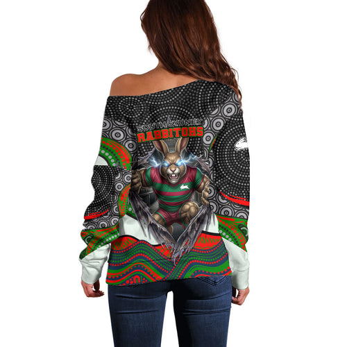 South Sydney Rabbitohs Off Shoulder Sweater The Scream of Lightning Eyes - Indigenous Dot Ripping Effect