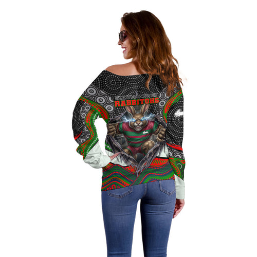 South Sydney Rabbitohs Off Shoulder Sweater The Scream of Lightning Eyes - Indigenous Dot Ripping Effect
