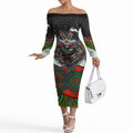 South Sydney Rabbitohs Off The Shoulder Long Sleeve Dress The Scream of Lightning Eyes - Indigenous Dot Ripping Effect